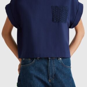 Navy Cropped T-Shirt with Textured Pocket